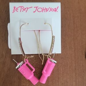 Betsey Johnson Hot Pink Bottle Charm Hoop Earrings with Gold-Tone Crystals